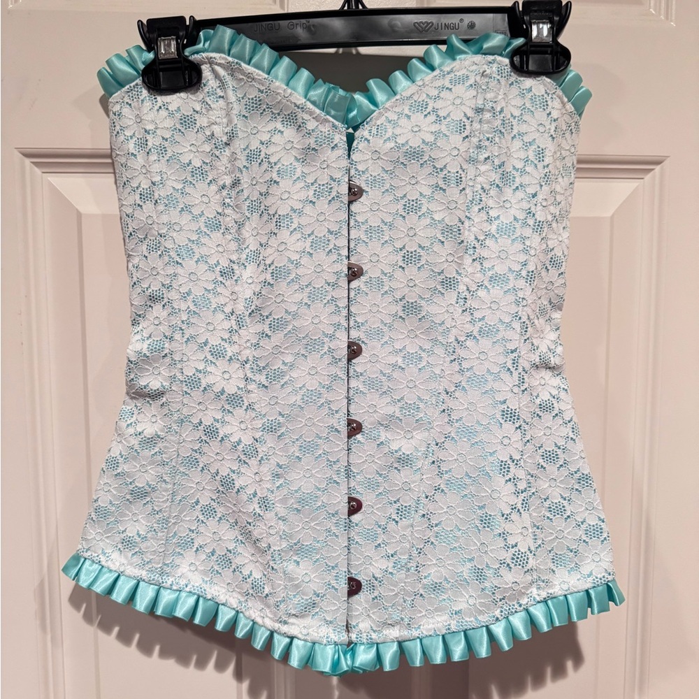 Adore Me Light Blue and White Floral Lace Bustier